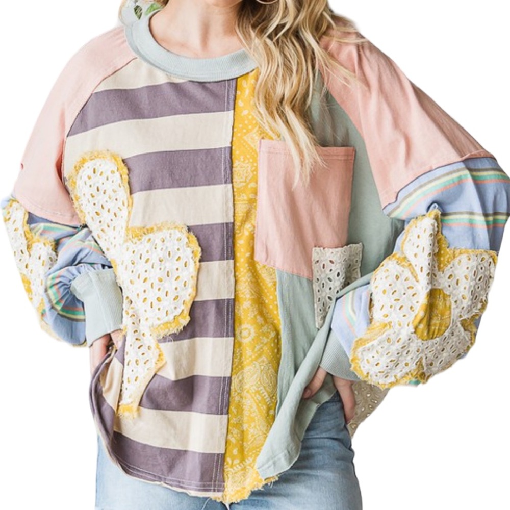 076. Women’s Daisy Multi-Color Patchwork Oversized Top - Picture 3 of 10